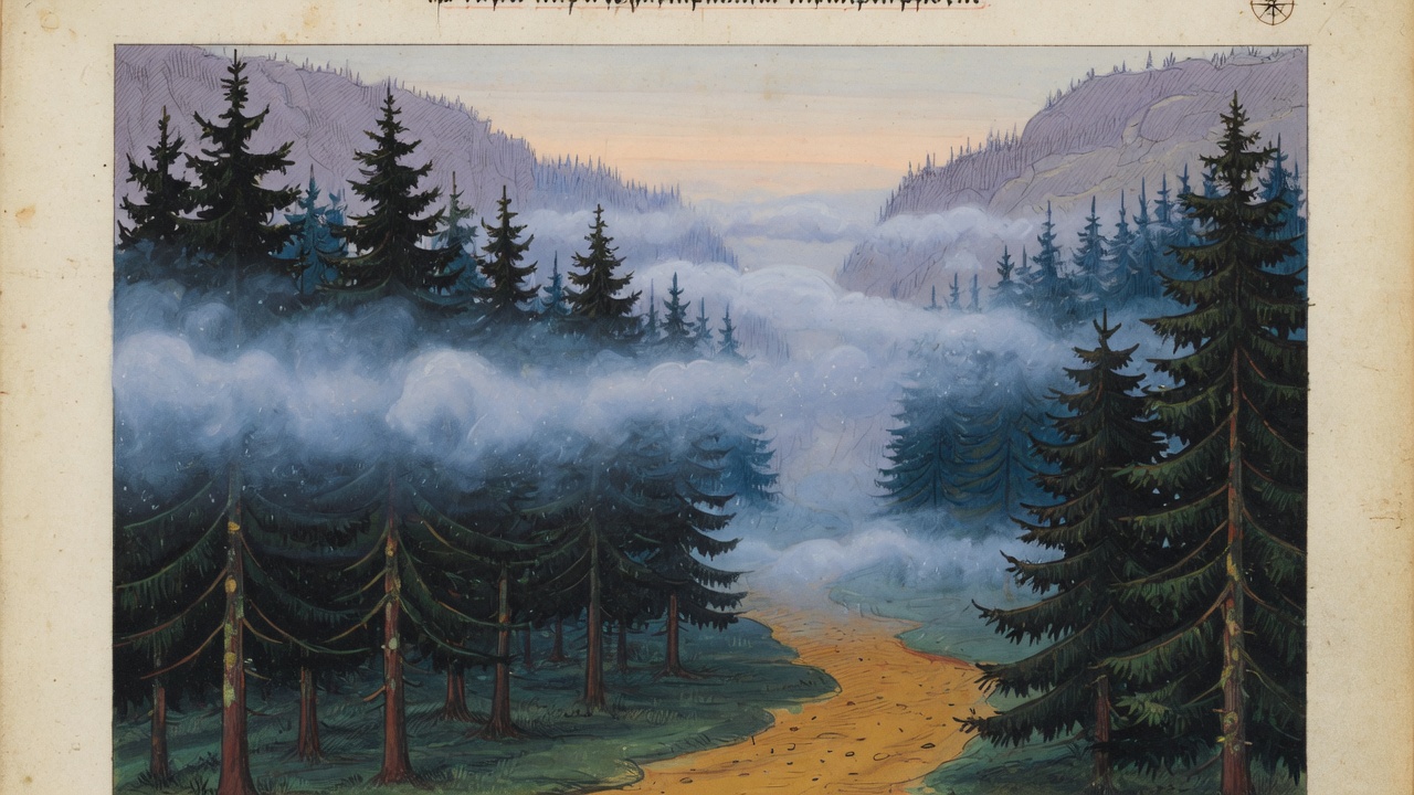 A forest road disappearing into fog.