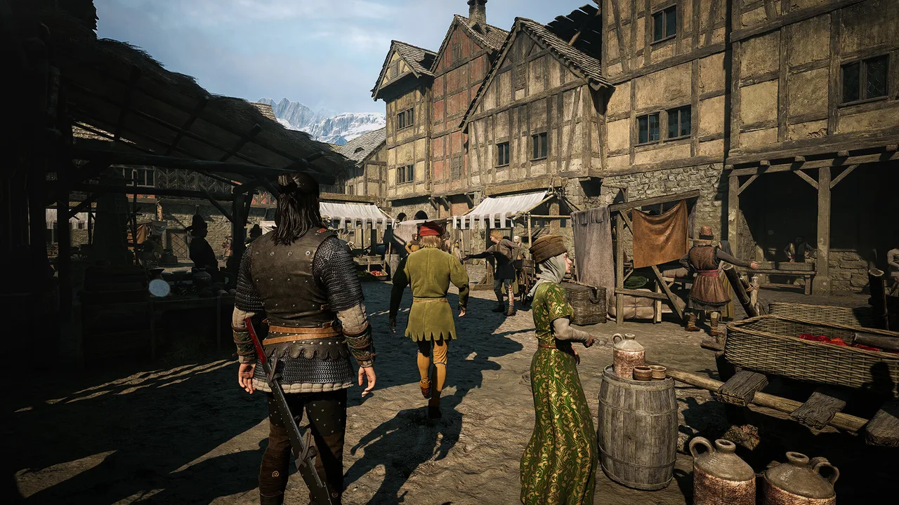 The bustling marketplace of Laslea during the daytime prologue.