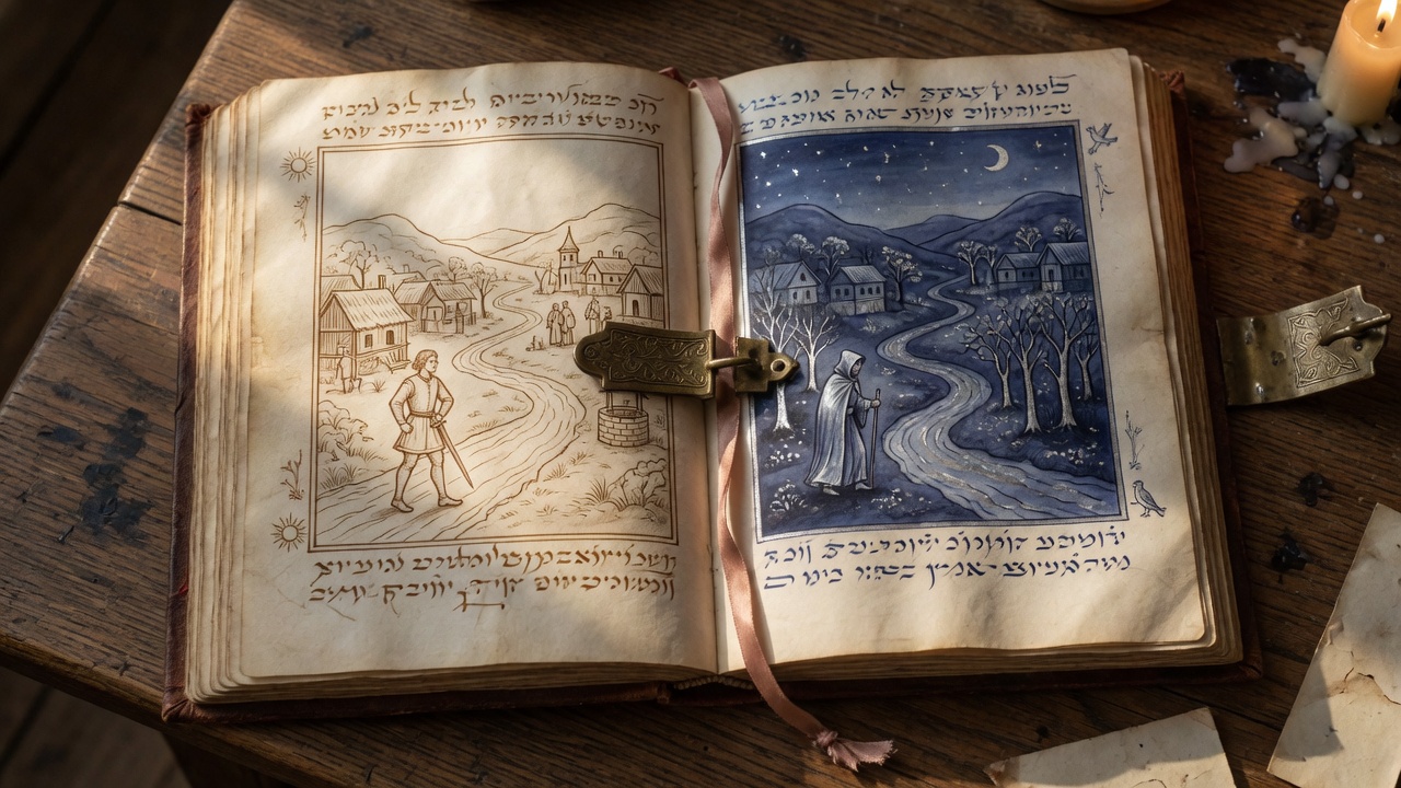 A manuscript showing the same valley by day and by night.