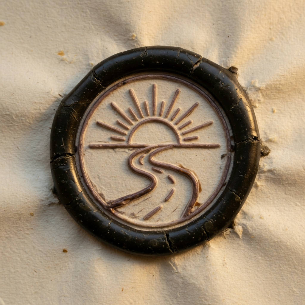 Wax seal of a sun over a winding road.